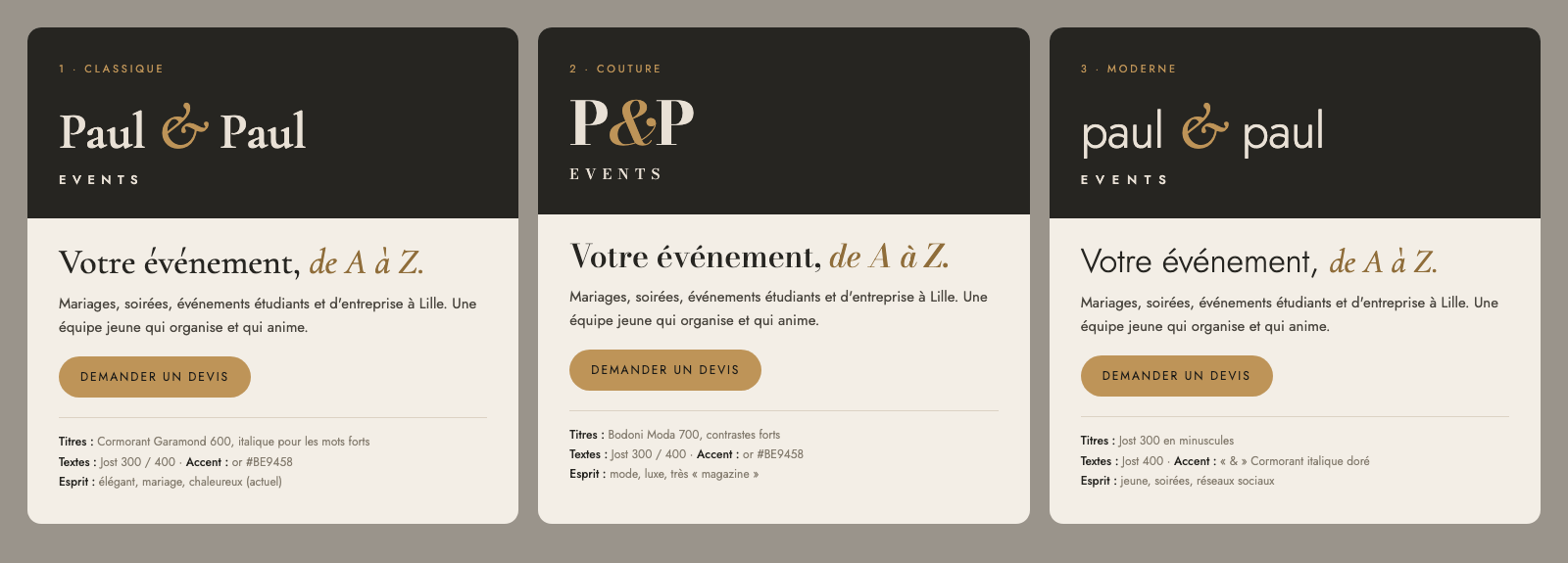 Trois associations de typographies : classique, couture, moderne